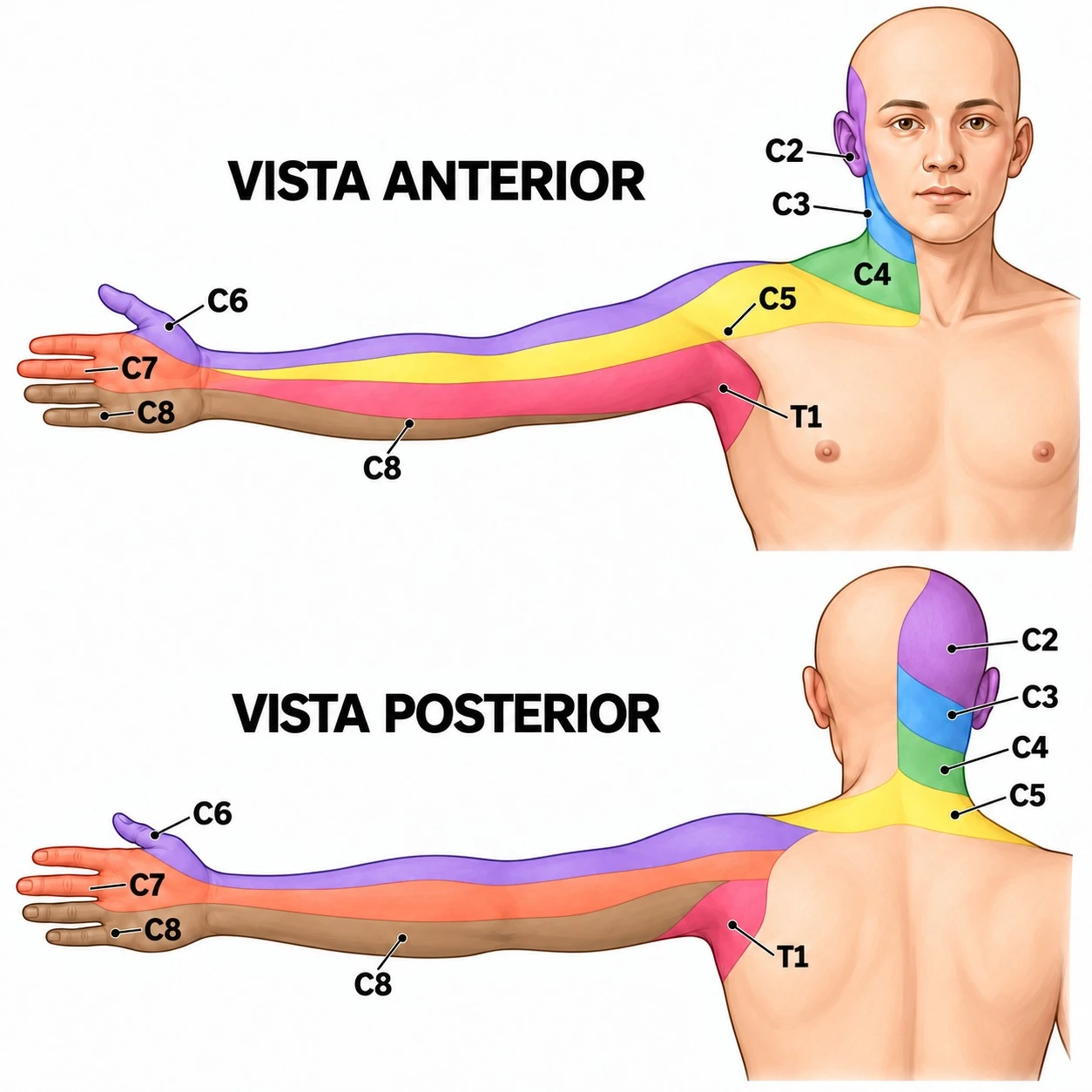 Ilustração educativa em vista anterior e posterior: áreas do pescoço, do ombro, do braço e da mão relacionadas a cada nível da coluna cervical, de C2 a T1, cada uma em uma cor.