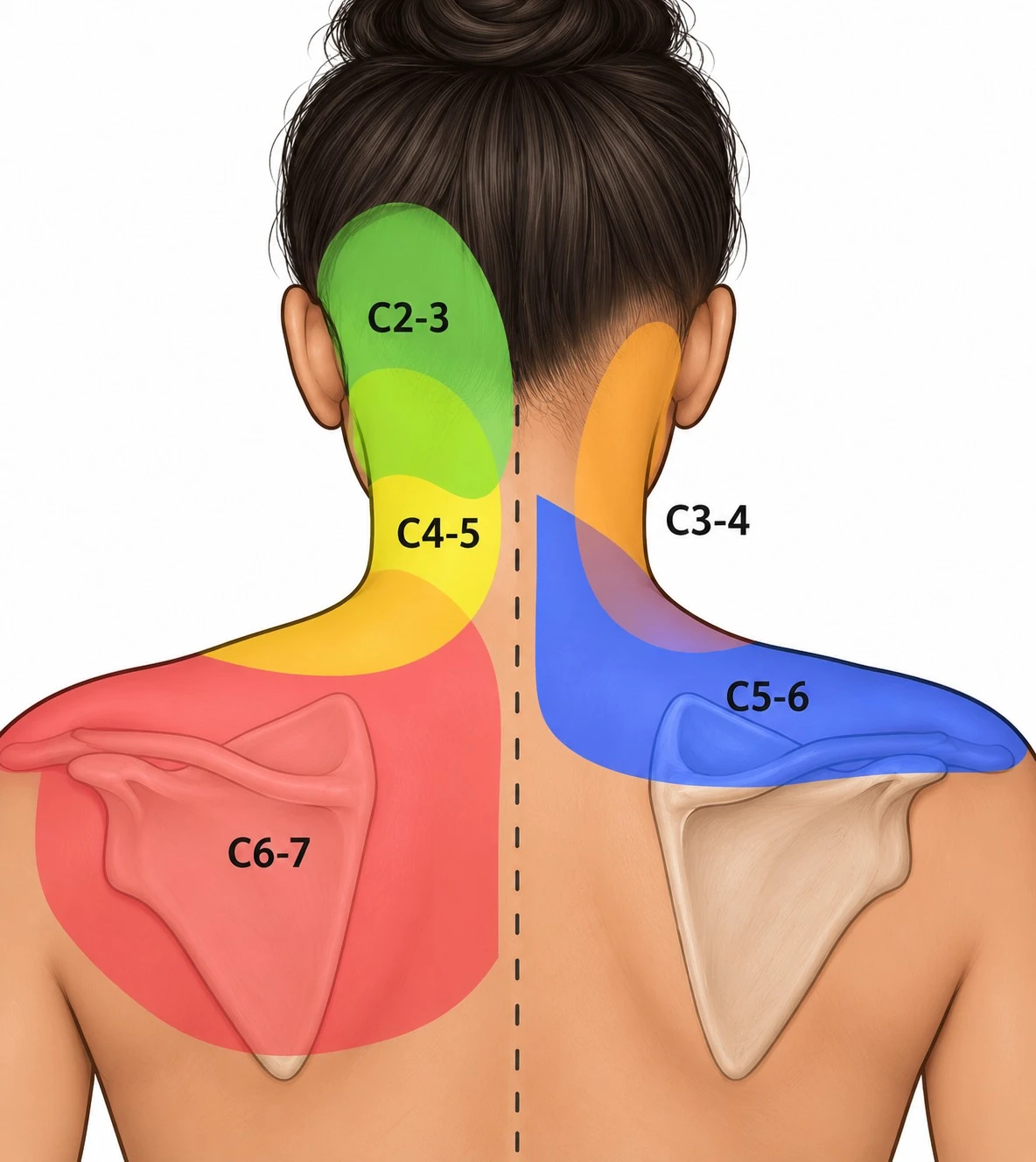 Ilustração de regiões do pescoço relacionadas aos níveis da coluna cervical
