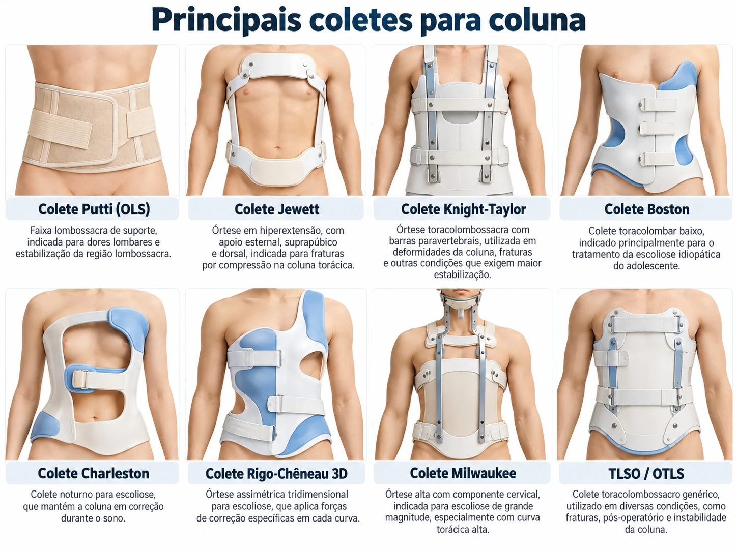Ilustração com oito tipos de colete para a coluna: Putti (OLS), Jewett, Knight-Taylor, Boston, Charleston, Rigo-Chêneau 3D, Milwaukee e TLSO/OTLS, cada um com uma breve descrição de sua indicação.